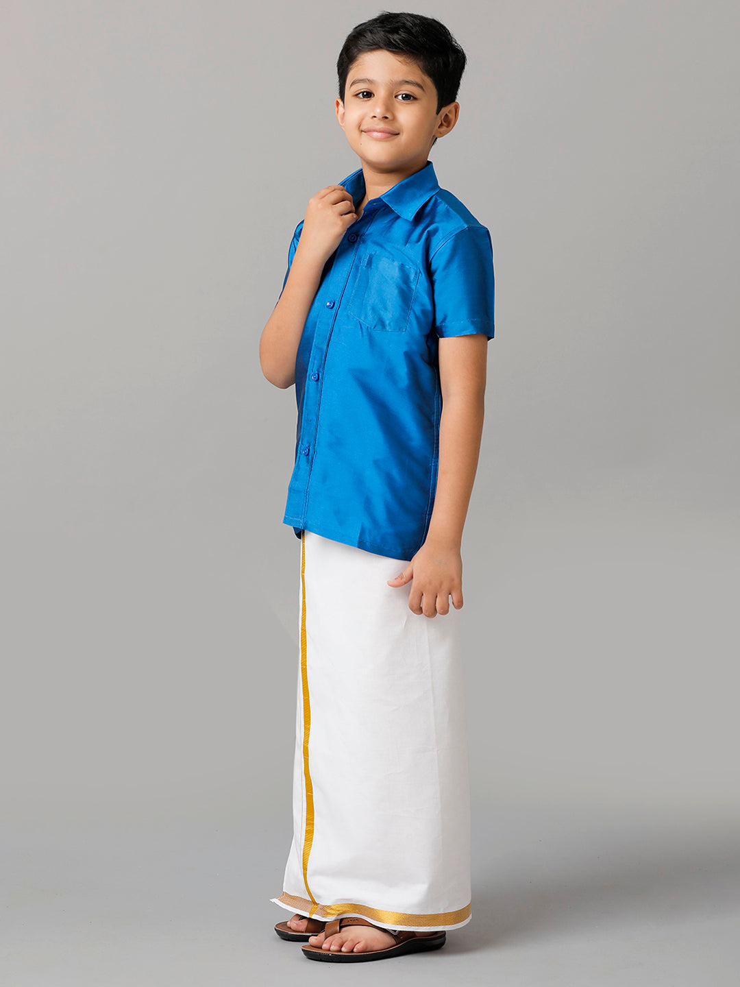 Boys Silk Cotton Royal Blue Half Sleeves Shirt with Adjustable White Dhoti Combo K10-Side view