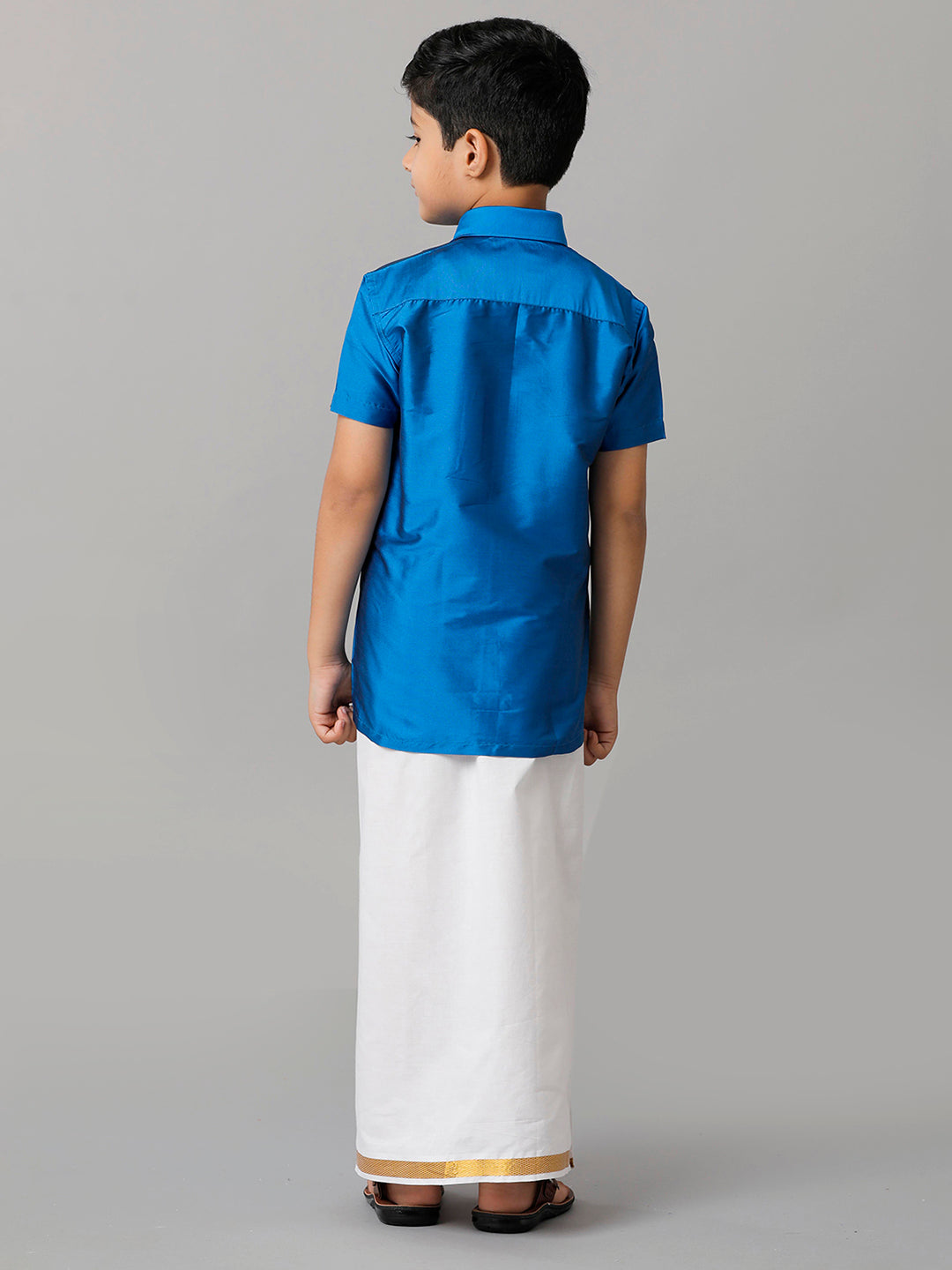 Boys Silk Cotton Royal Blue Half Sleeves Shirt with Adjustable White Dhoti Combo K10-Back view