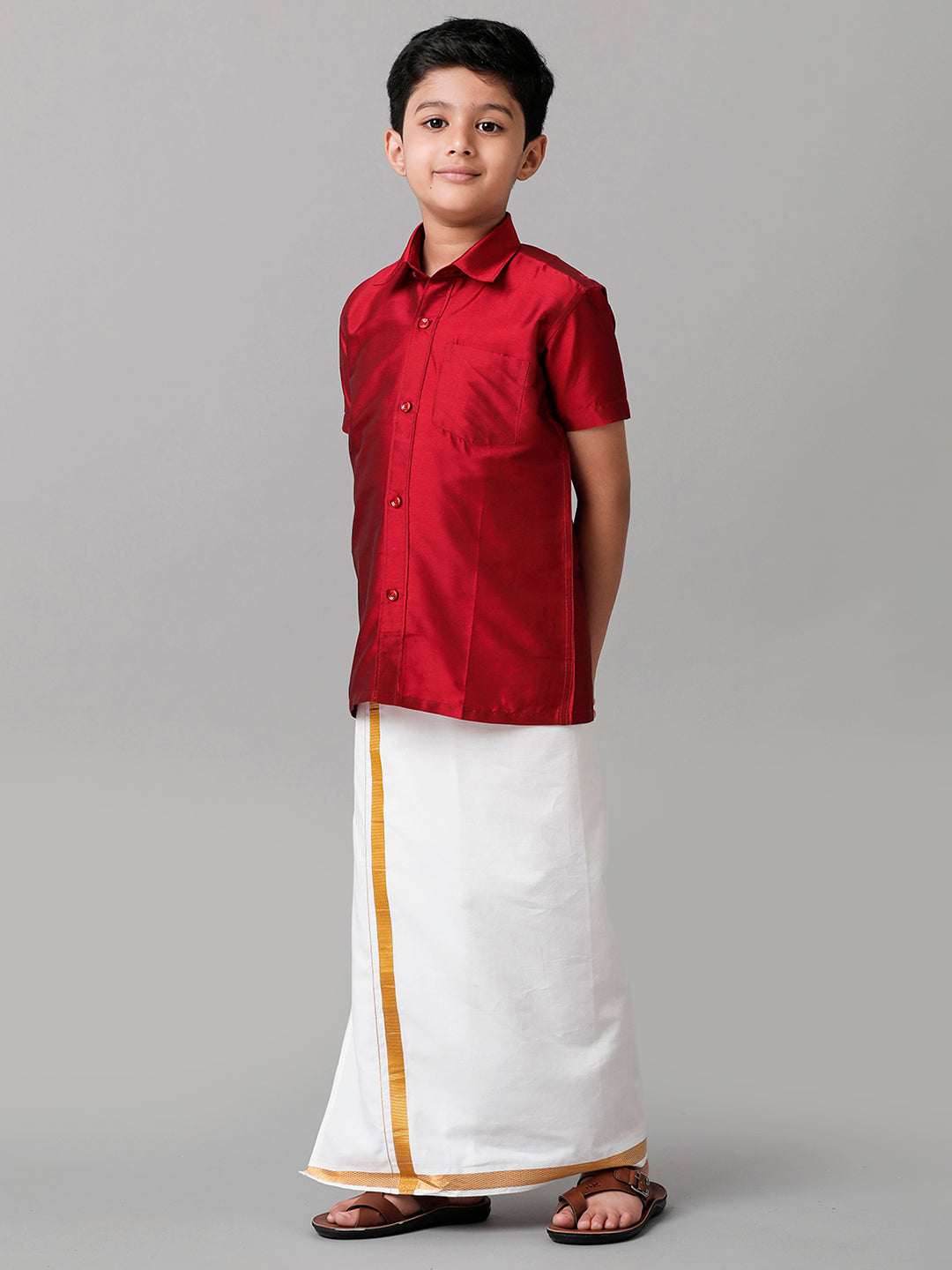 Boys Silk Cotton Red Half Sleeves Shirt with Adjustable White Dhoti Combo K8-Side view