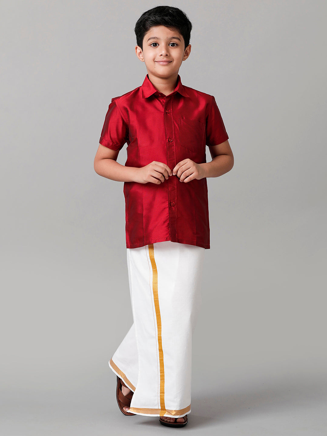 Boys Silk Cotton Red Half Sleeves Shirt with Adjustable White Dhoti Combo K8-Full view
