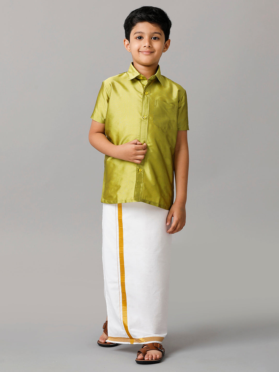 Boys Silk Cotton Lemon Green Half Sleeves Shirt with Adjustable White Dhoti Combo K44