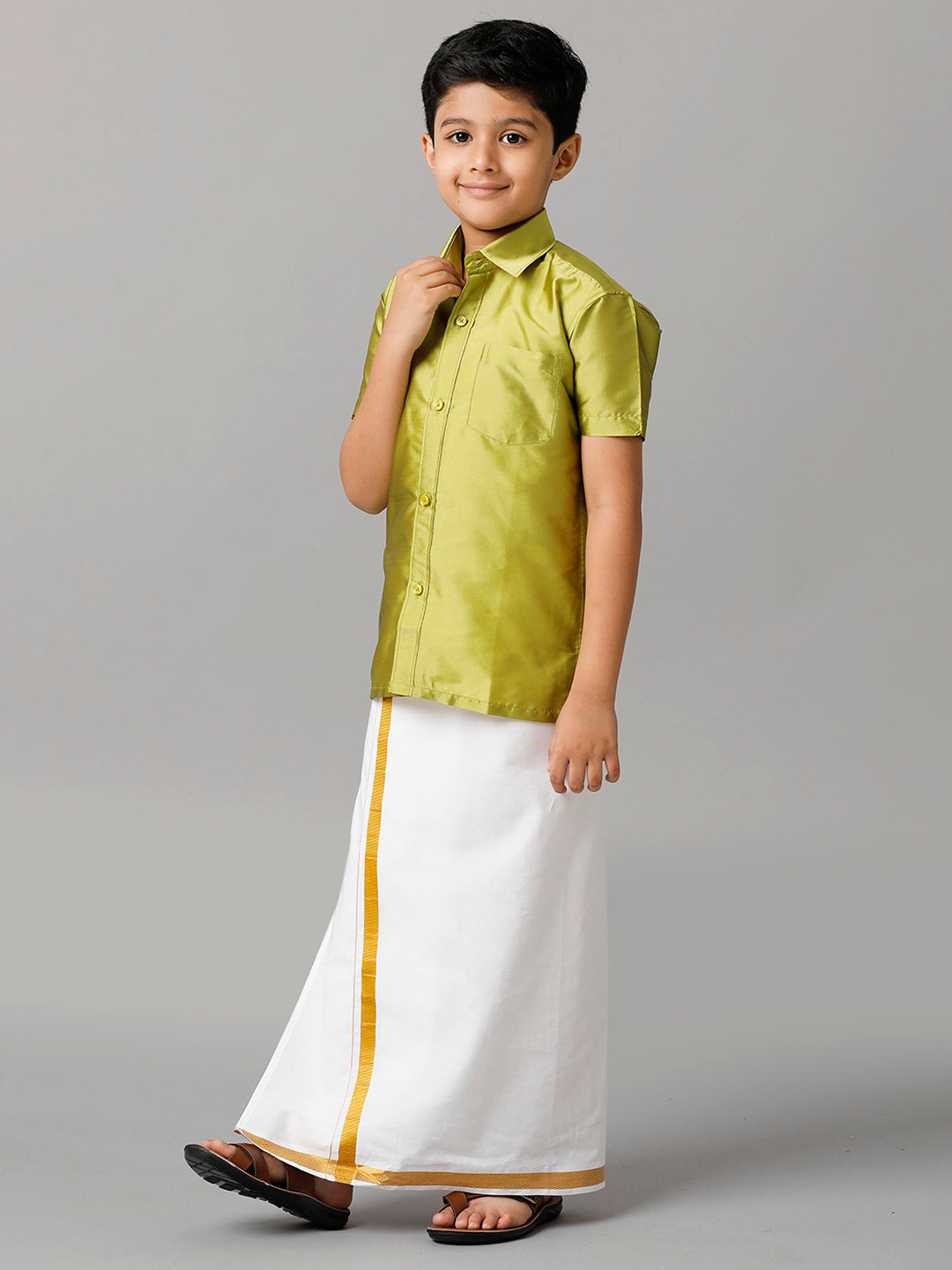 Boys Silk Cotton Lemon Green Half Sleeves Shirt with Adjustable White Dhoti Combo K44-Front view