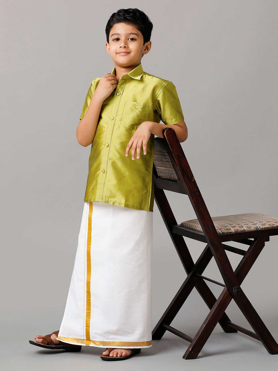 Boys Silk Cotton Lemon Green Half Sleeves Shirt with Adjustable White Dhoti Combo K44-Full view