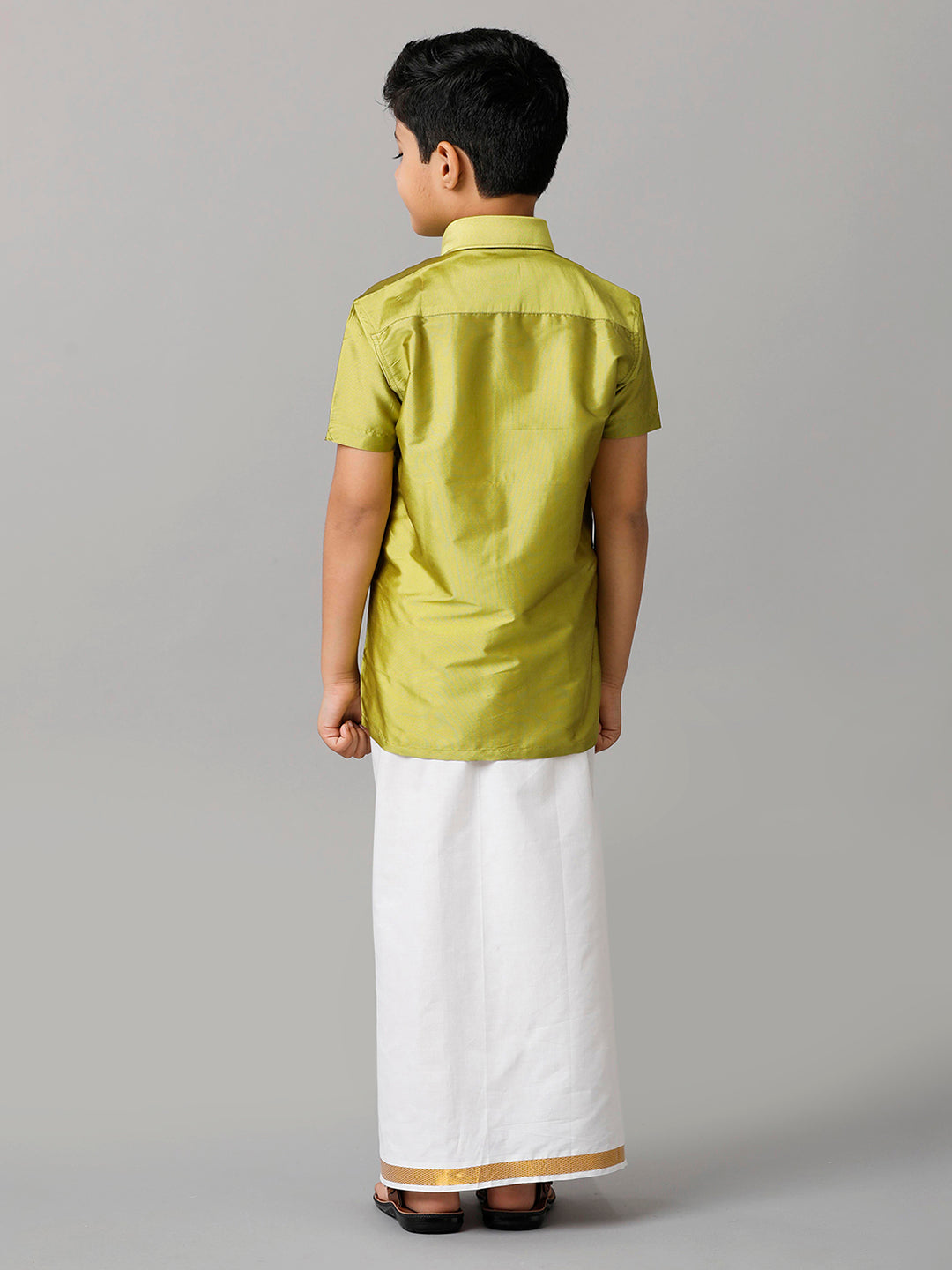 Boys Silk Cotton Lemon Green Half Sleeves Shirt with Adjustable White Dhoti Combo K44-Back  alternative view