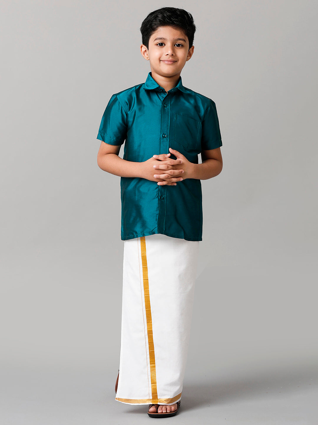 Boys Silk Cotton Ramar Green Half Sleeves Shirt with Adjustable White Dhoti Combo K3-Front view