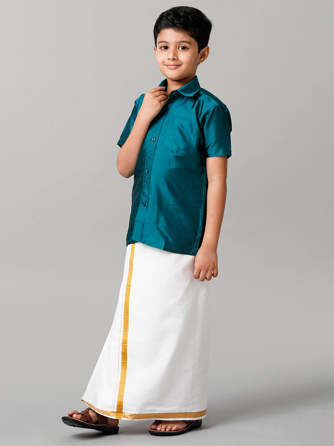 Boys Silk Cotton Ramar Green Half Sleeves Shirt with Adjustable White Dhoti Combo K3-Side view