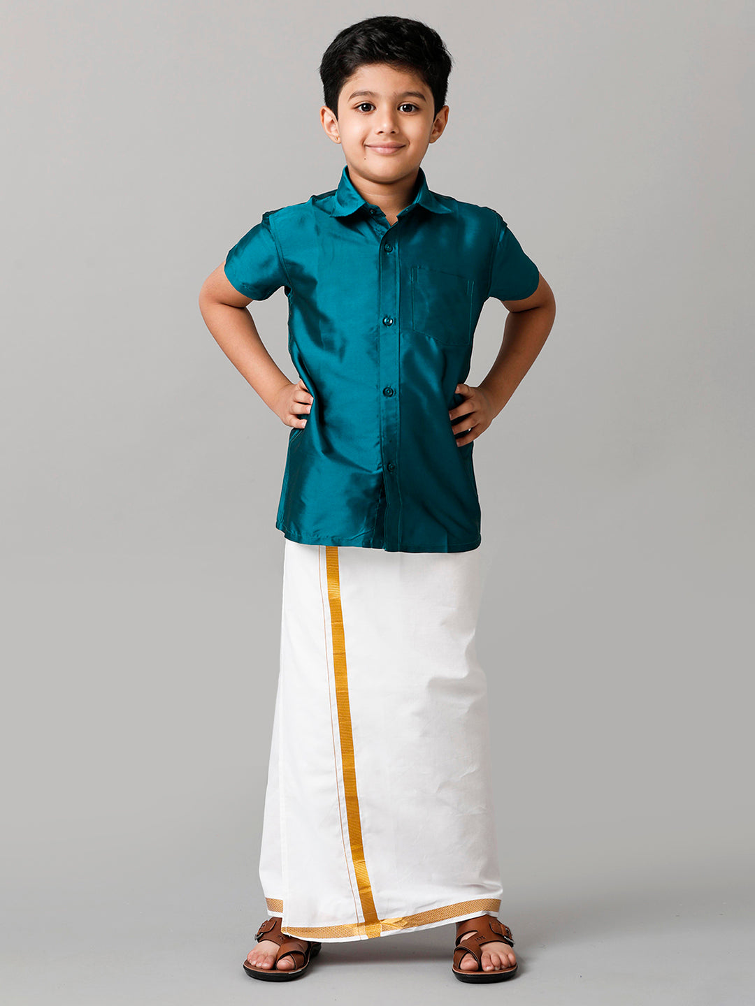 Boys Silk Cotton Ramar Green Half Sleeves Shirt with Adjustable White Dhoti Combo K3