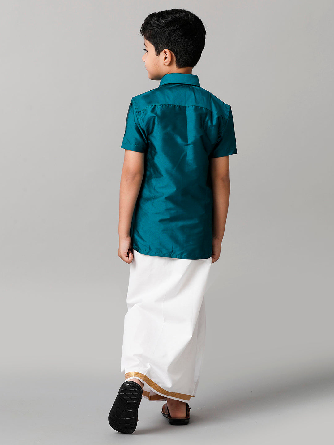 Boys Silk Cotton Ramar Green Half Sleeves Shirt with Adjustable White Dhoti Combo K3-Back view