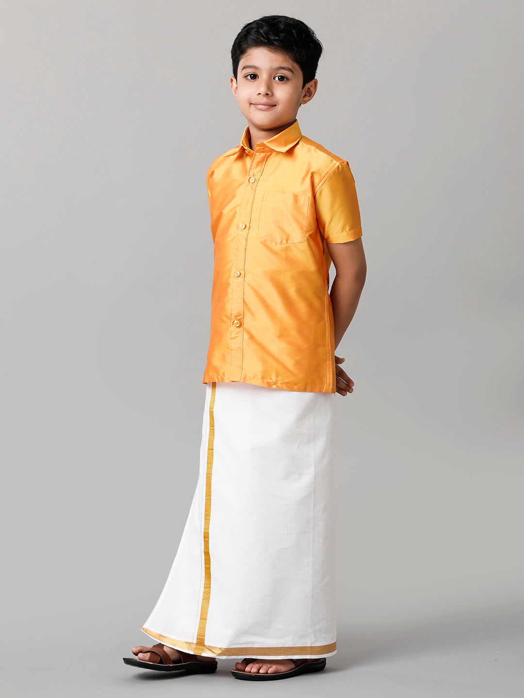 Boys Silk Cotton Yellow Half Sleeves Shirt with Adjustable White Dhoti Combo K6-Side view