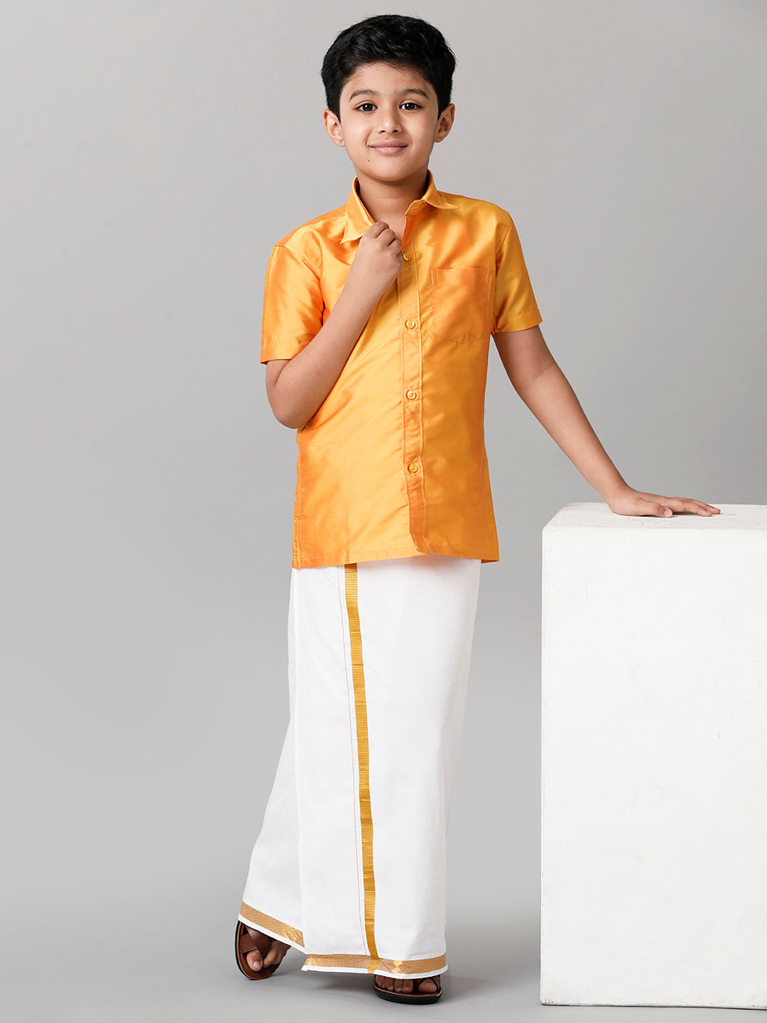 Boys Silk Cotton Yellow Half Sleeves Shirt with Adjustable White Dhoti Combo K6