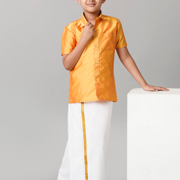 Boys Silk Cotton Red Half Sleeves Shirt with Adjustable White Dhoti Co