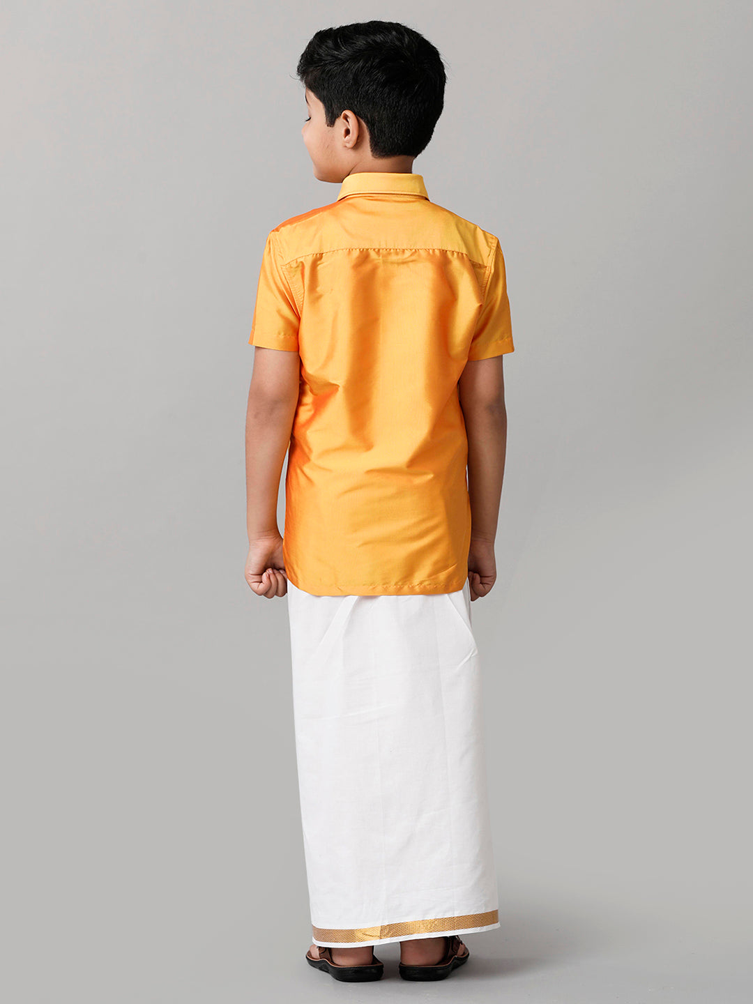 Boys Silk Cotton Yellow Half Sleeves Shirt with Adjustable White Dhoti Combo K6-Back view