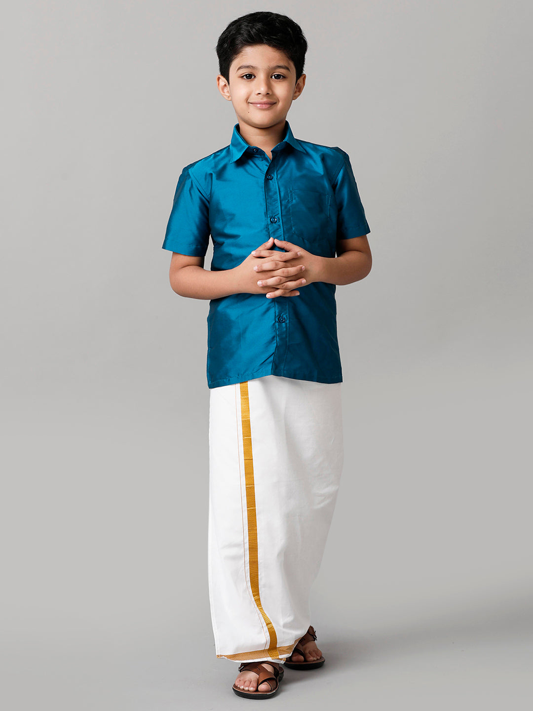 Boys Silk Cotton Light Blue Half Sleeves Shirt with Adjustable White Dhoti Combo K1