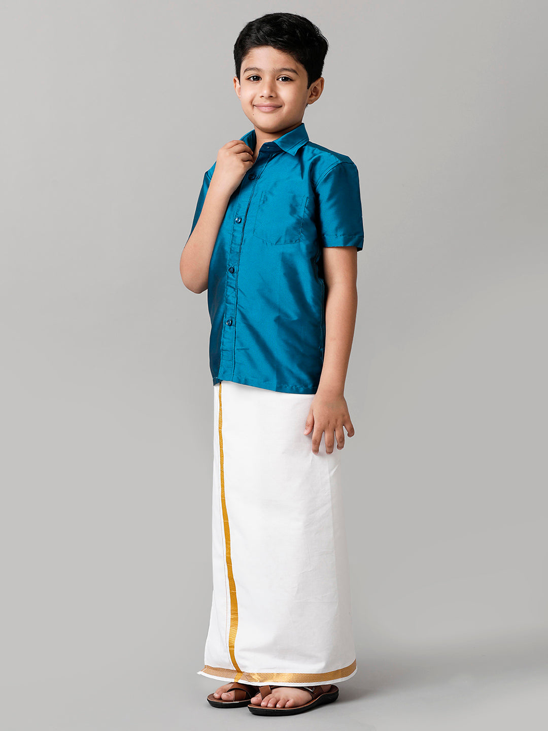 Boys Silk Cotton Light Blue Half Sleeves Shirt with Adjustable White Dhoti Combo K1-Full view
