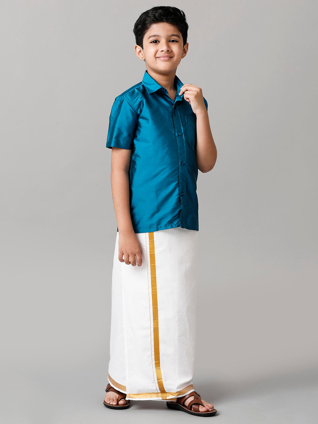 Boys Silk Cotton Light Blue Half Sleeves Shirt with Adjustable White Dhoti Combo K1-Side view