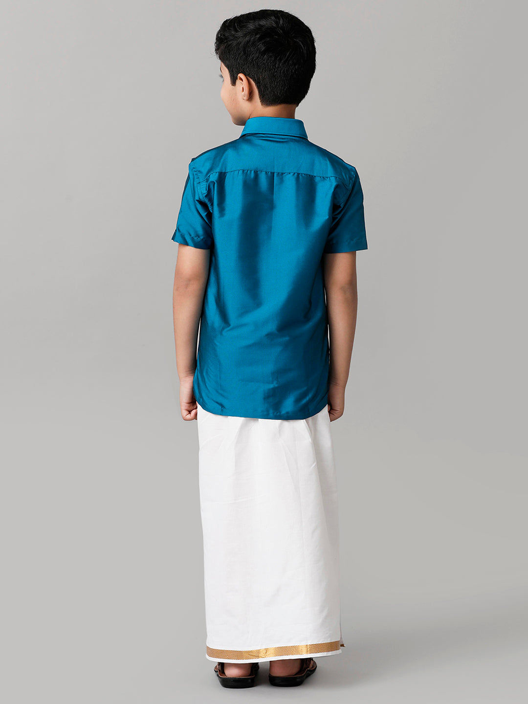 Boys Silk Cotton Light Blue Half Sleeves Shirt with Adjustable White Dhoti Combo K1-Back view