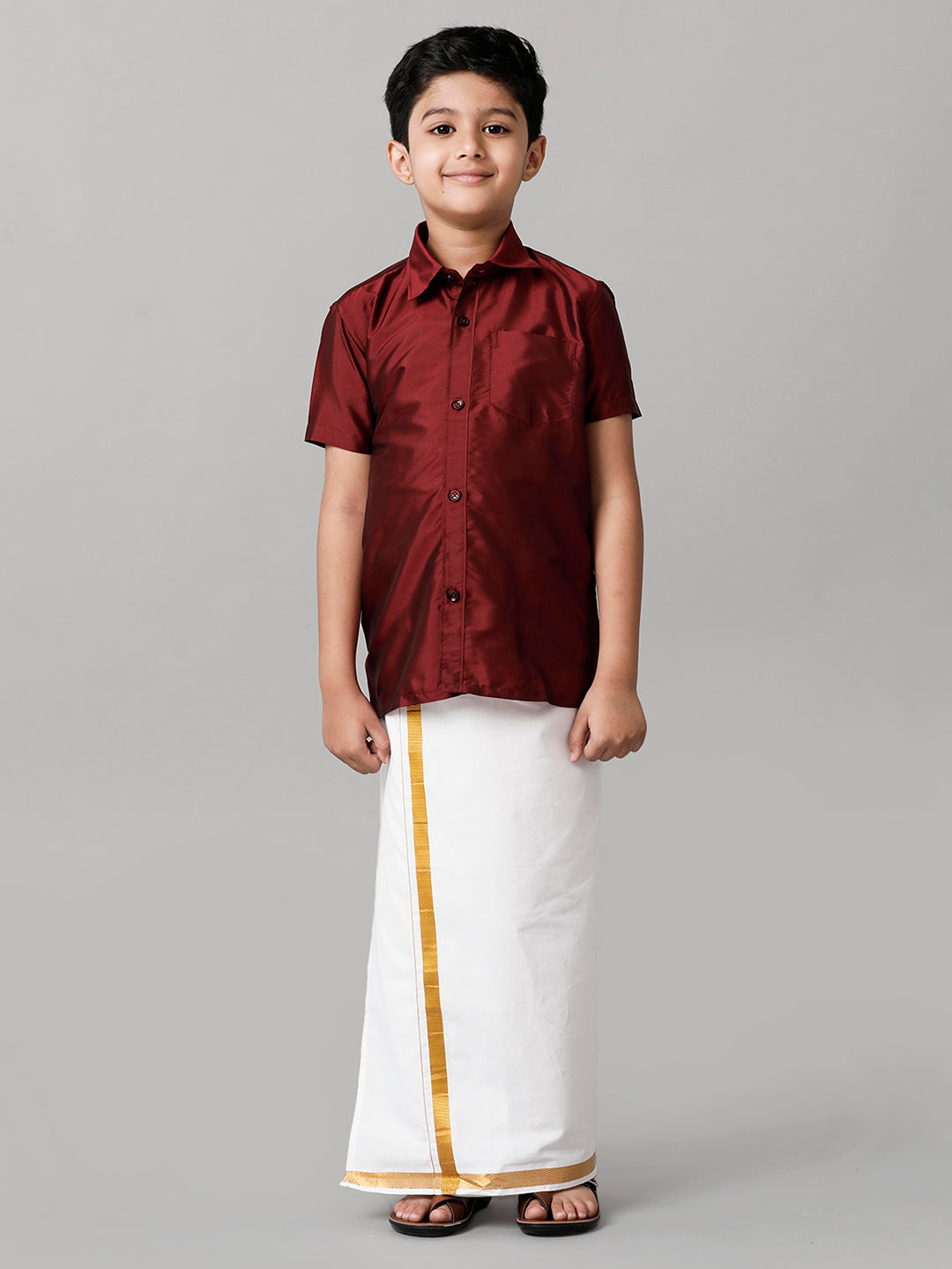 Boys Silk Cotton Maroon Half Sleeves Shirt with Adjustable White Dhoti Combo K7