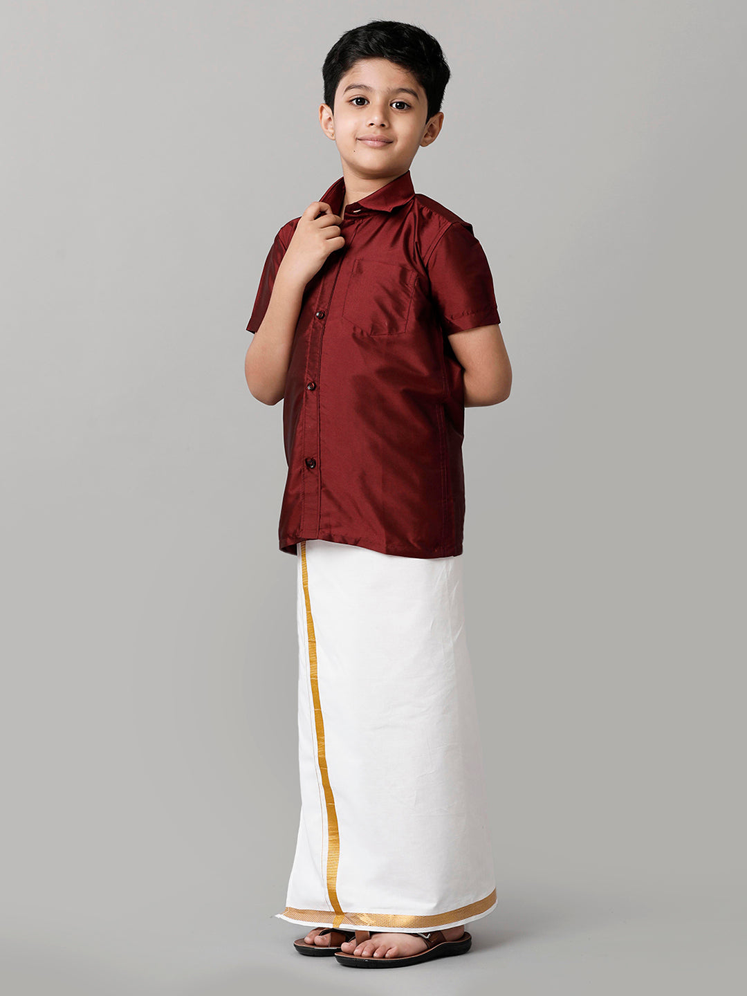 Boys Silk Cotton Maroon Half Sleeves Shirt with Adjustable White Dhoti Combo K7-Front view