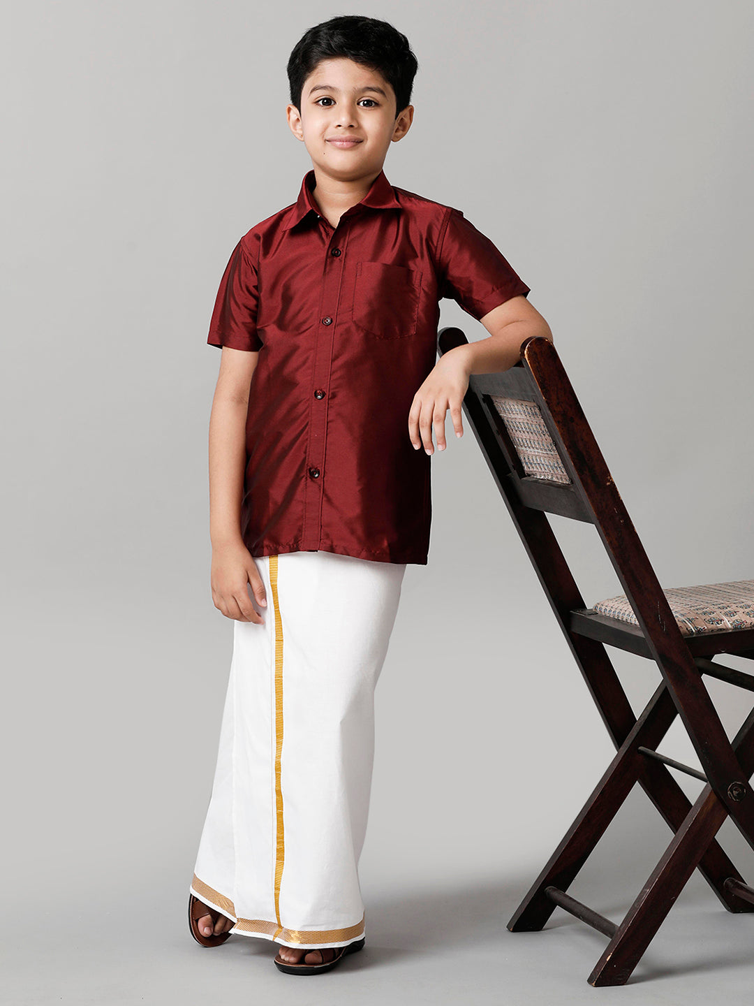Boys Silk Cotton Maroon Half Sleeves Shirt with Adjustable White Dhoti Combo K7-Full view