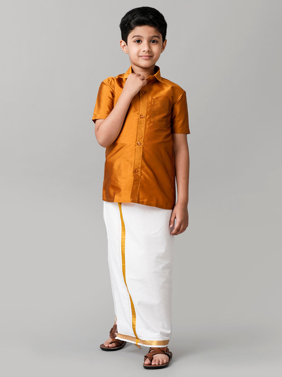 Boys Silk Cotton Mustard Half Sleeves Shirt with Adjustable White Dhoti Combo K37-Full view