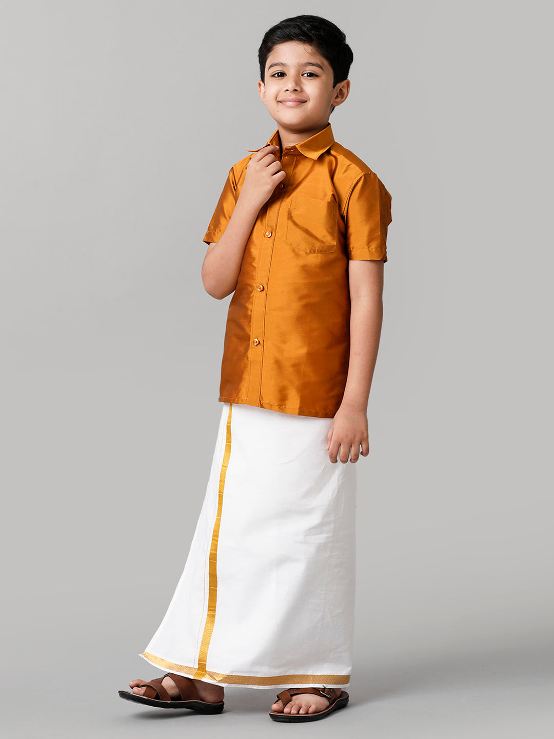 Boys Silk Cotton Mustard Half Sleeves Shirt with Adjustable White Dhoti Combo K37-Front view