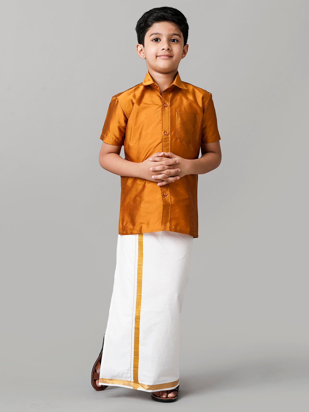 Boys Silk Cotton Mustard Half Sleeves Shirt with Adjustable White Dhoti Combo K37