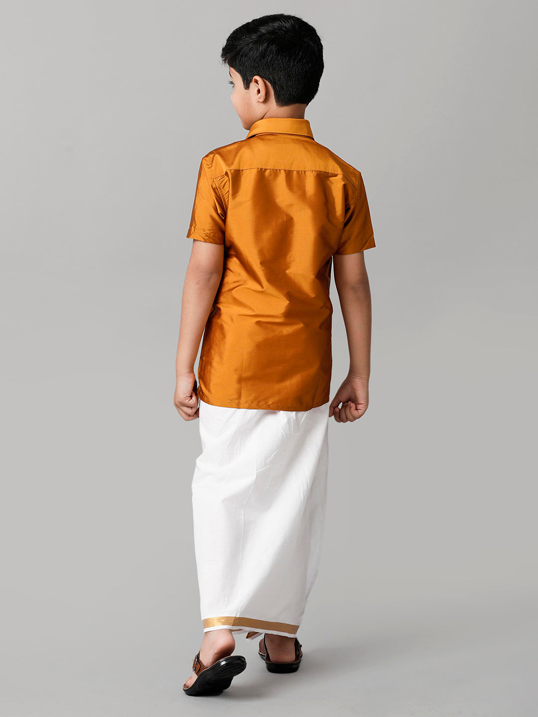 Boys Silk Cotton Mustard Half Sleeves Shirt with Adjustable White Dhoti Combo K37-Back view
