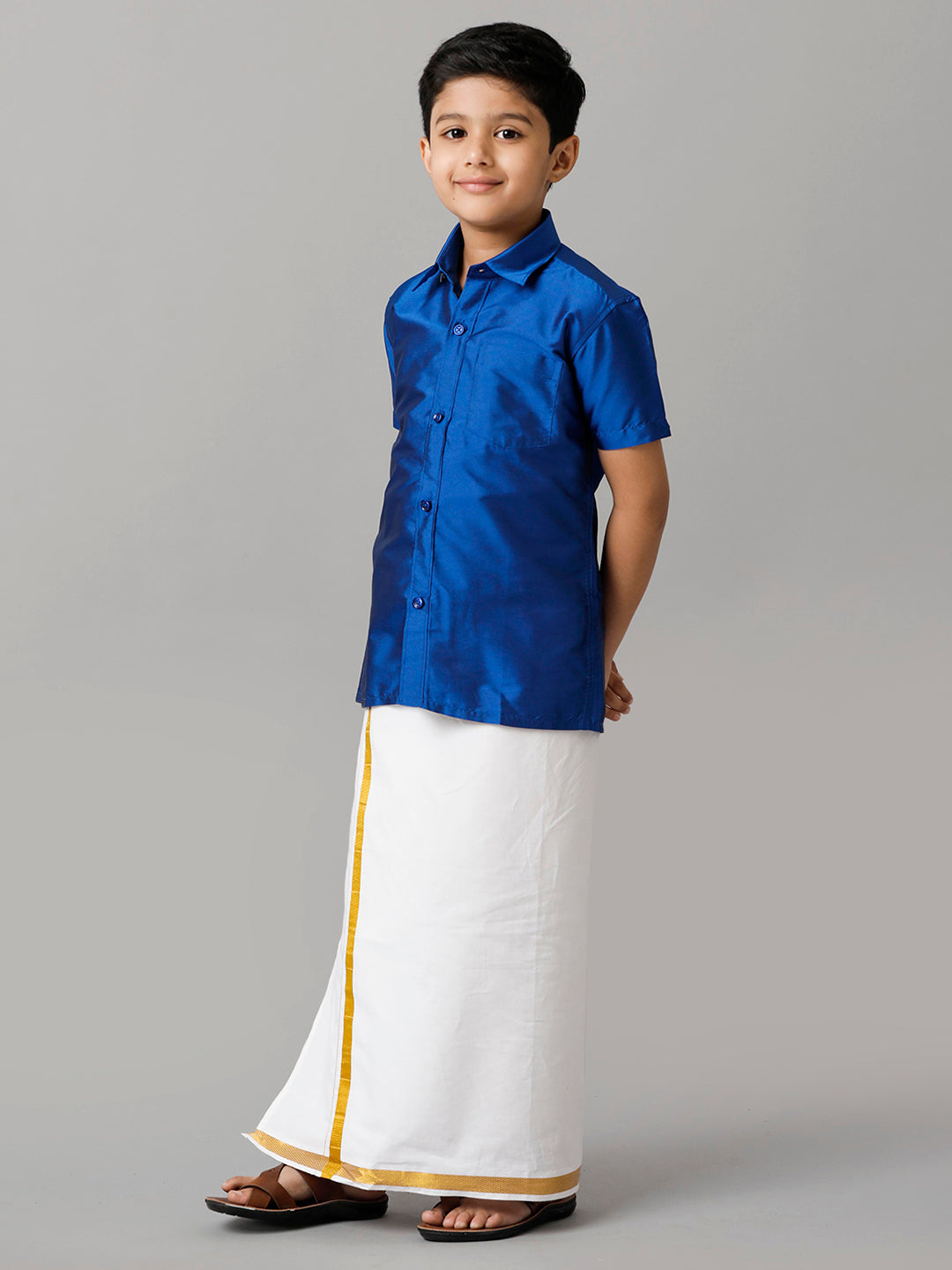 Boys Silk Cotton Light Blue Half Sleeves Shirt with Adjustable White Dhoti Combo K5-Frontt view