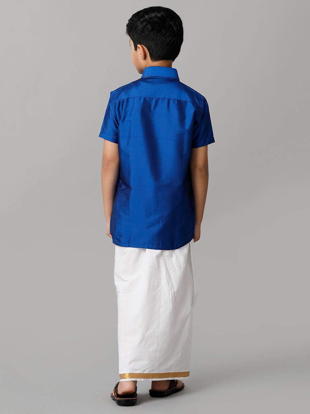 Boys Silk Cotton Light Blue Half Sleeves Shirt with Adjustable White Dhoti Combo K5-Back view