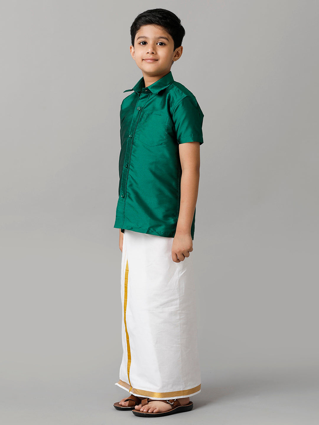 Boys Silk Cotton Green Half Sleeves Shirt with Adjustable White Dhoti Combo K9-Side view