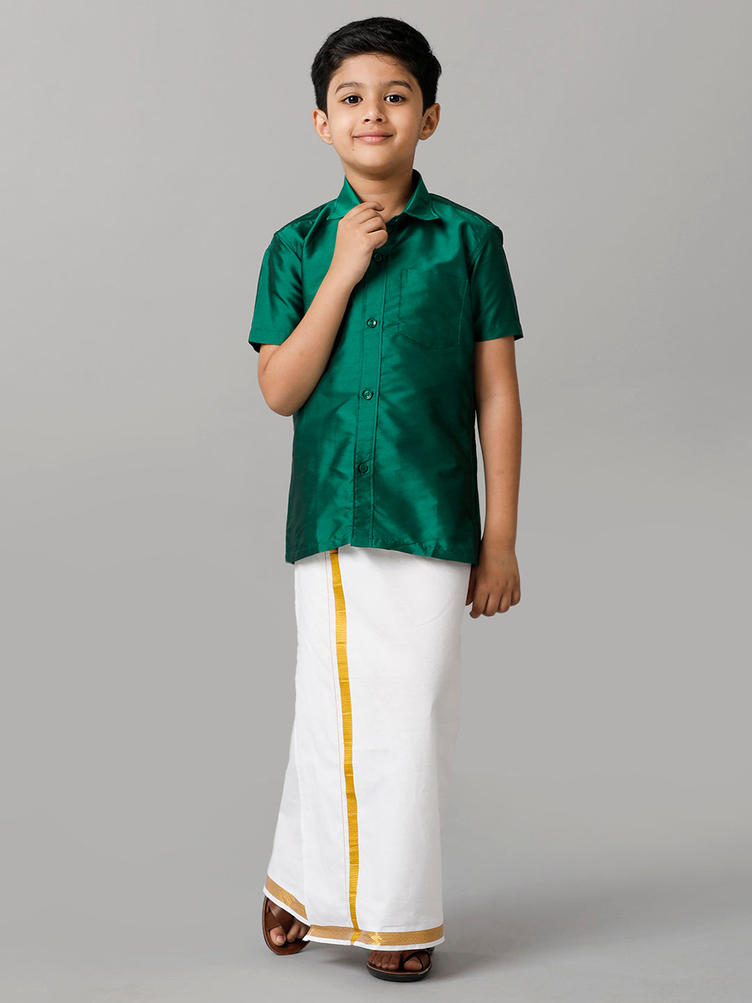 Boys Silk Cotton Green Half Sleeves Shirt with Adjustable White Dhoti Combo K9-Front view