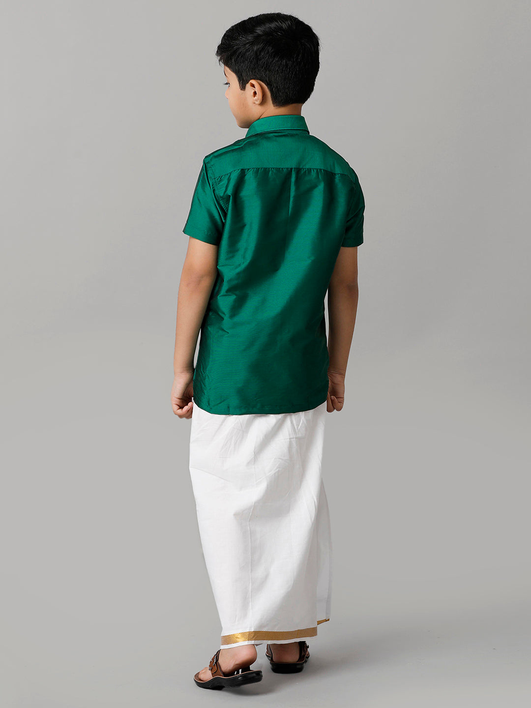 Boys Silk Cotton Green Half Sleeves Shirt with Adjustable White Dhoti Combo K9-Back view