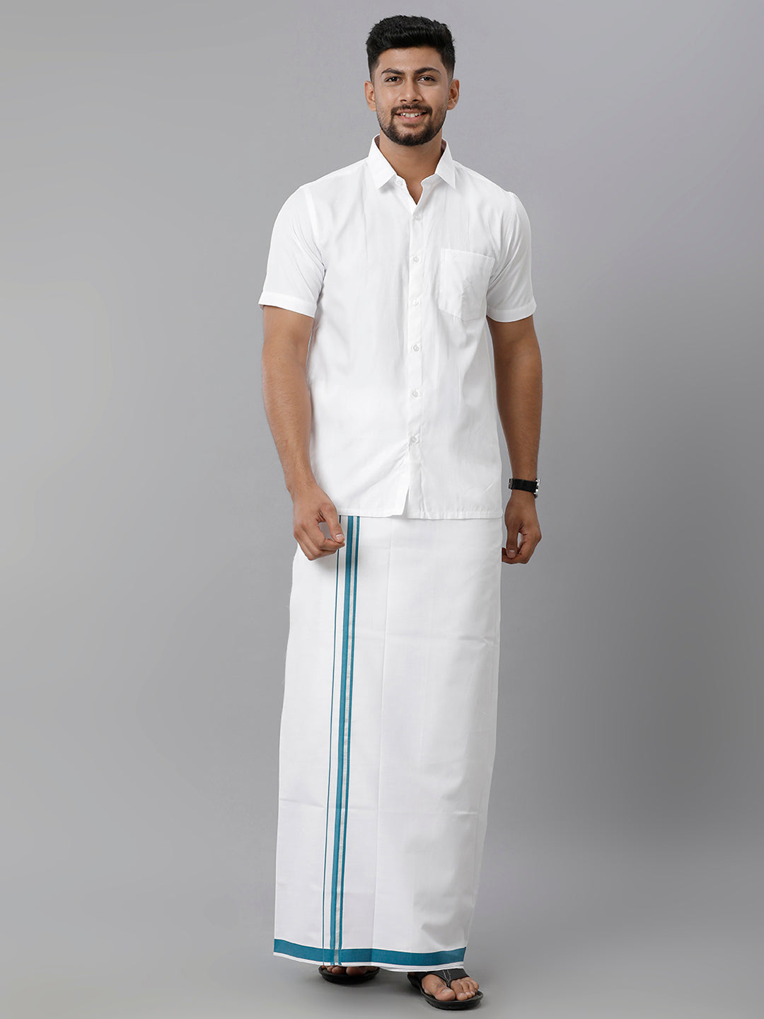 Mens Cotton White Single Dhoti with Peacock Blue & Silver Border Winner Silver Fancy-Full view