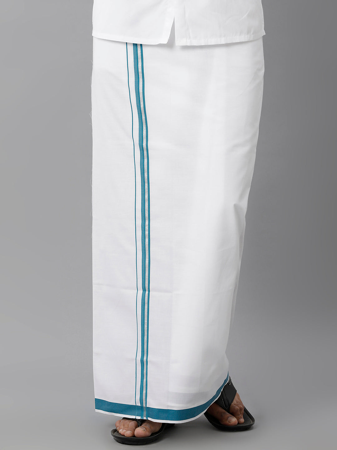 Mens Cotton White Single Dhoti with Peacock Blue & Silver Border Winner Silver Fancy