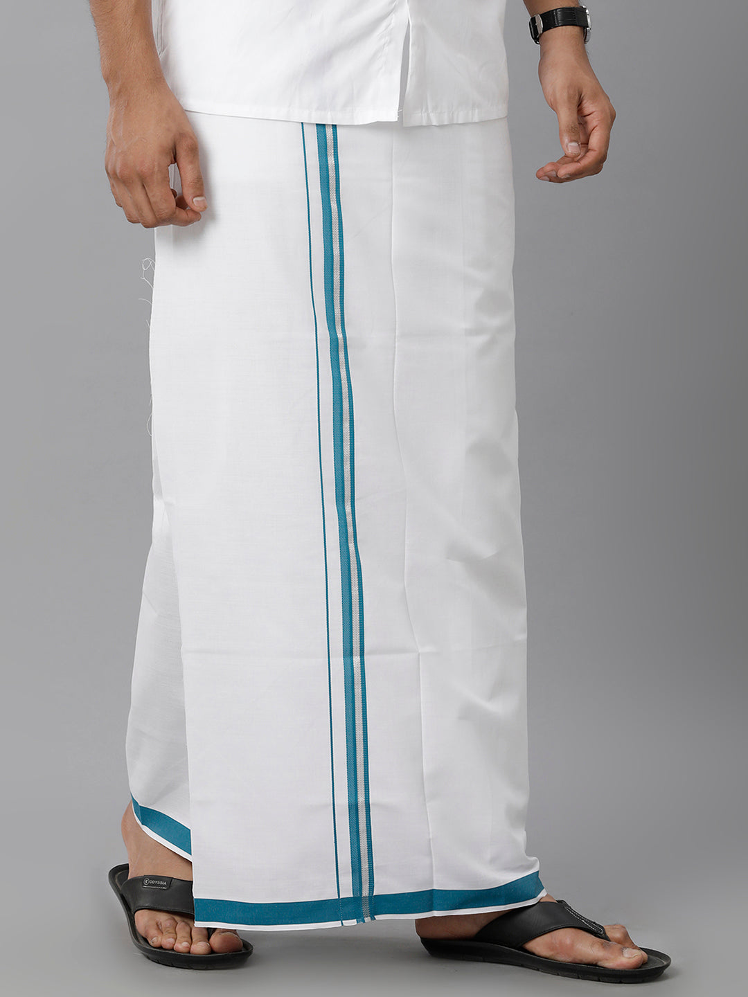 Mens Cotton White Single Dhoti with Peacock Blue & Silver Border Winner Silver Fancy-Side view