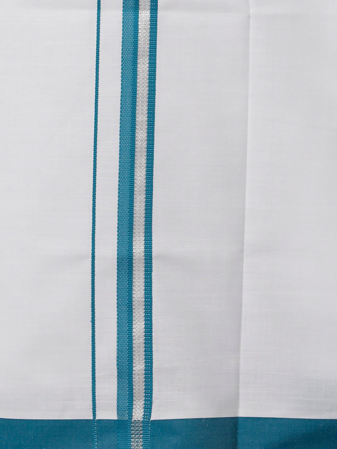 Mens Cotton White Single Dhoti with Peacock Blue & Silver Border Winner Silver Fancy-Zoom view