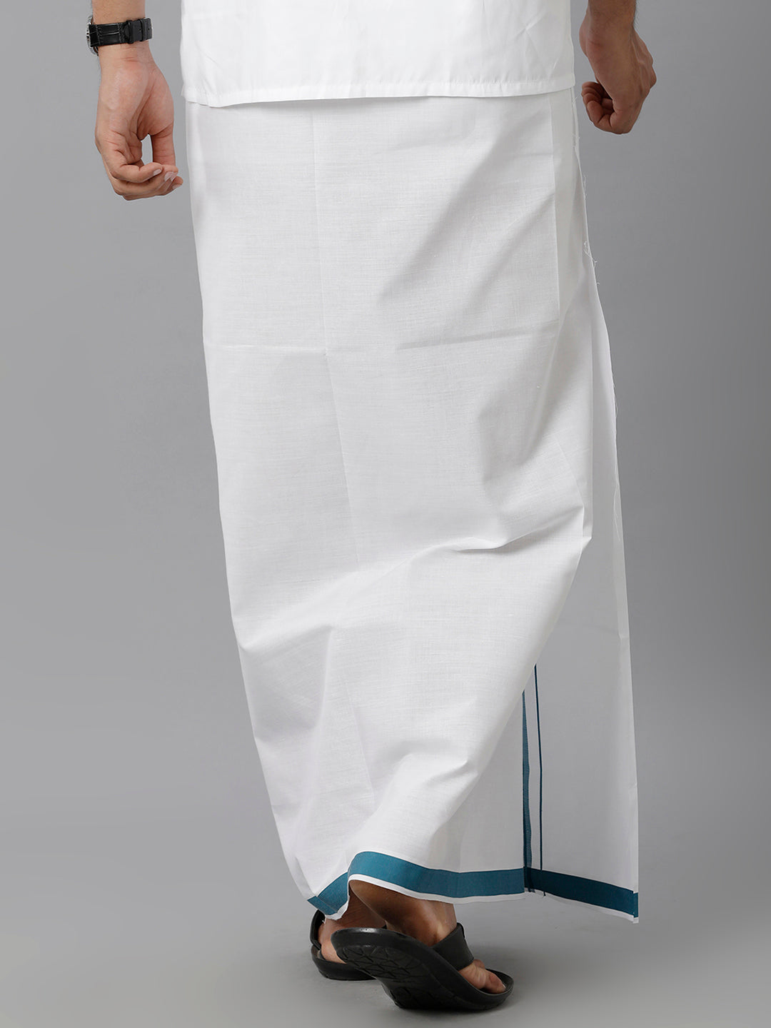Mens Cotton White Single Dhoti with Peacock Blue & Silver Border Winner Silver Fancy-Back view