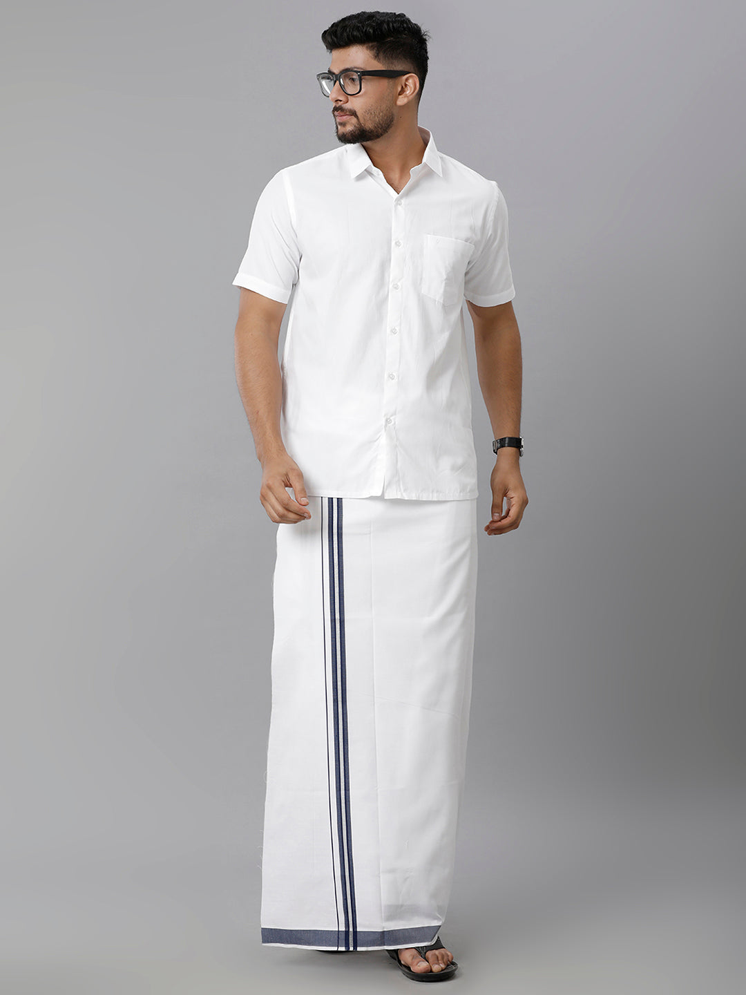 Mens Cotton White Single Dhoti with Navy & Silver Border Winner Silver Fancy-Full view