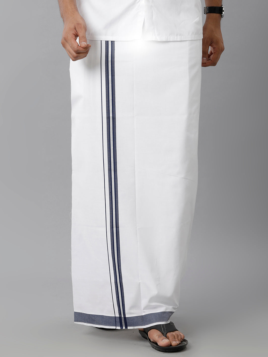 Mens Cotton White Single Dhoti with Navy & Silver Border Winner Silver Fancy