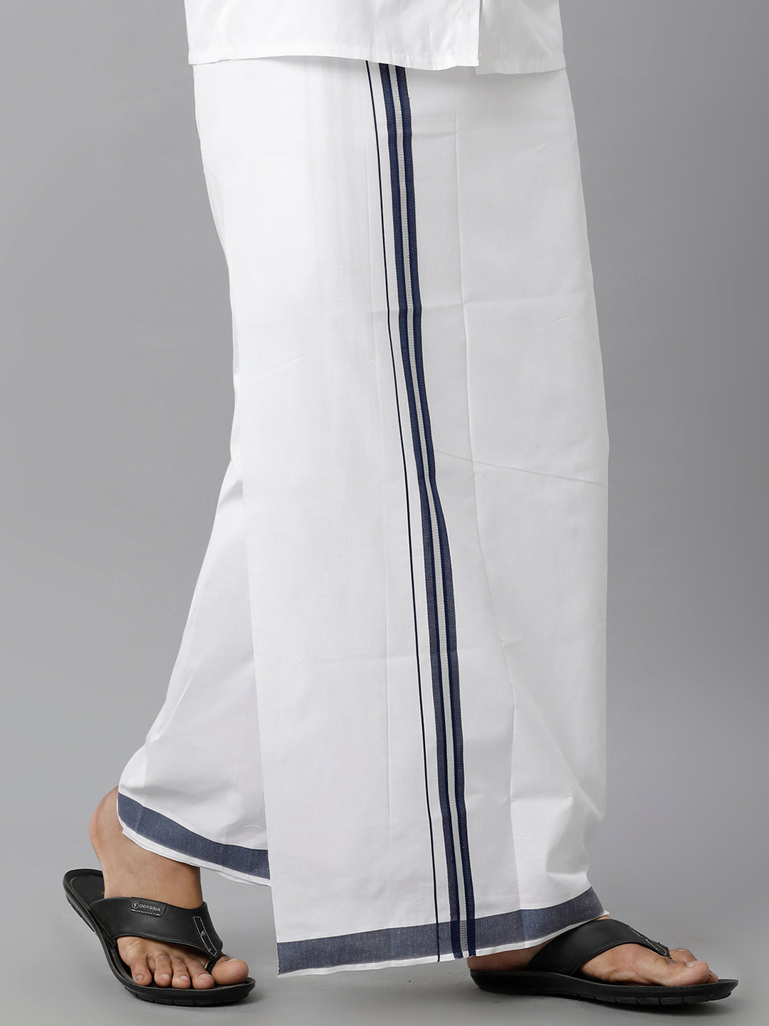 Mens Cotton White Single Dhoti with Navy & Silver Border Winner Silver Fancy-Side view