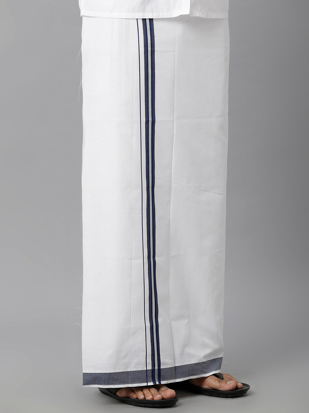 Mens Cotton White Single Dhoti with Navy & Silver Border Winner Silver Fancy-Front view