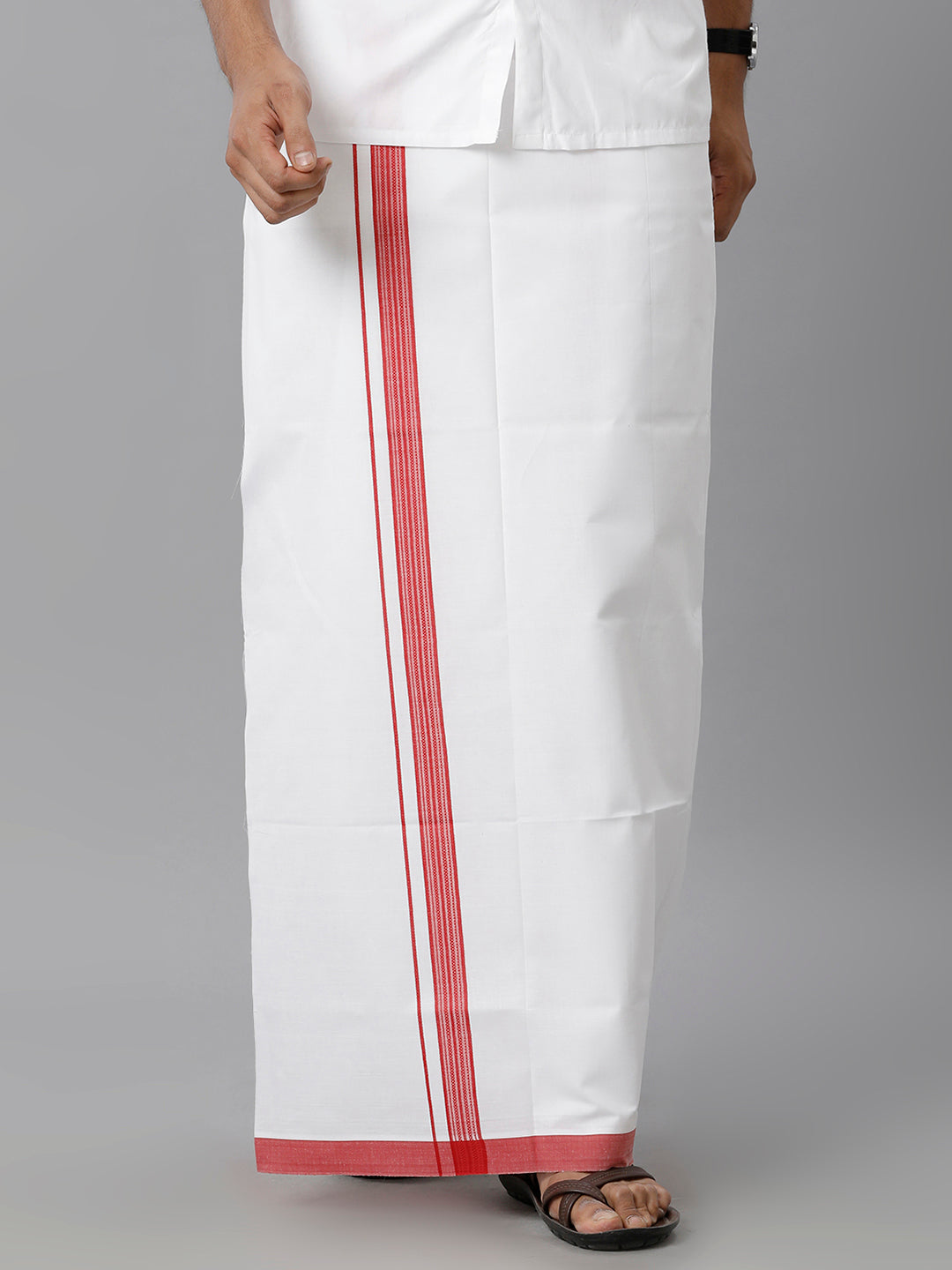 Mens Cotton White Single Dhoti with Red Fancy Border Holy Wind Fancy
