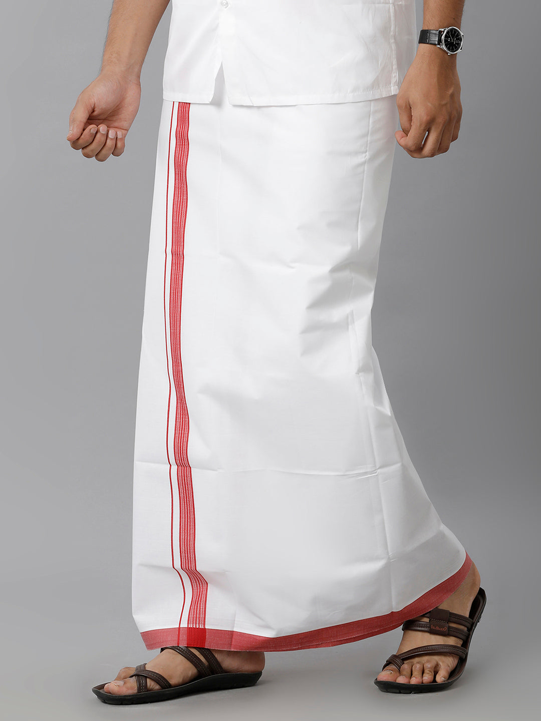 Mens Cotton White Single Dhoti with Red Fancy Border Holy Wind Fancy-side view