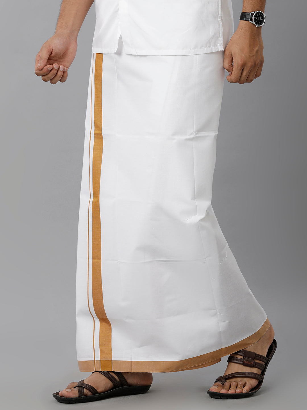 Mens Cotton White Single Dhoti Brown Plain Border Holy Wind Spl-Side view