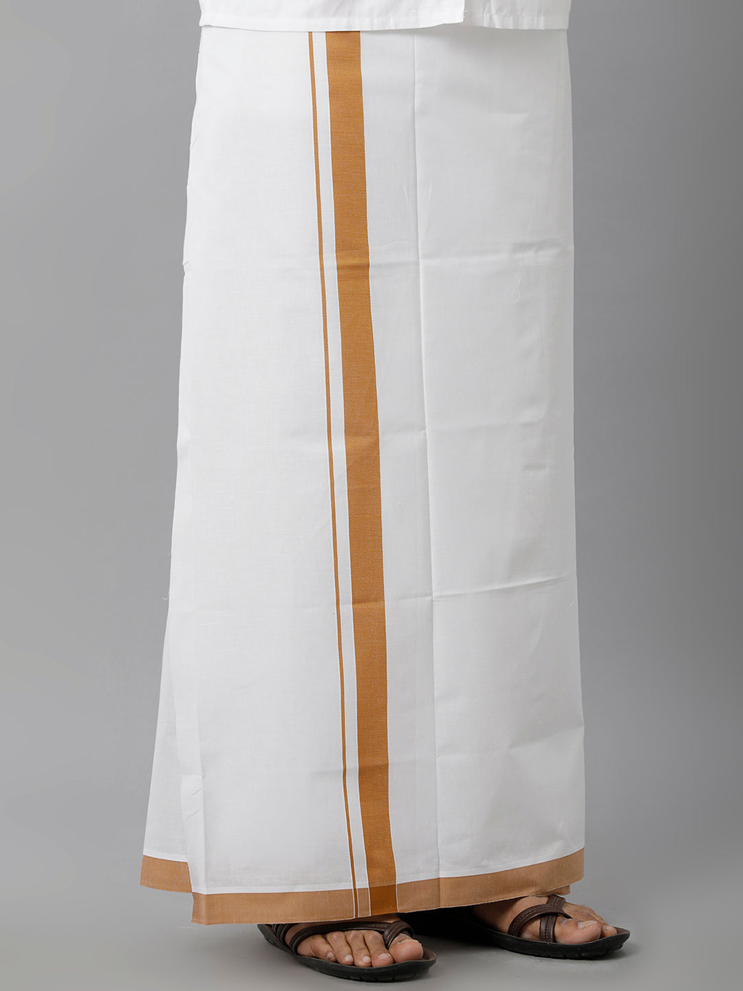 Mens Cotton White Single Dhoti Brown Plain Border Holy Wind Spl-Front view