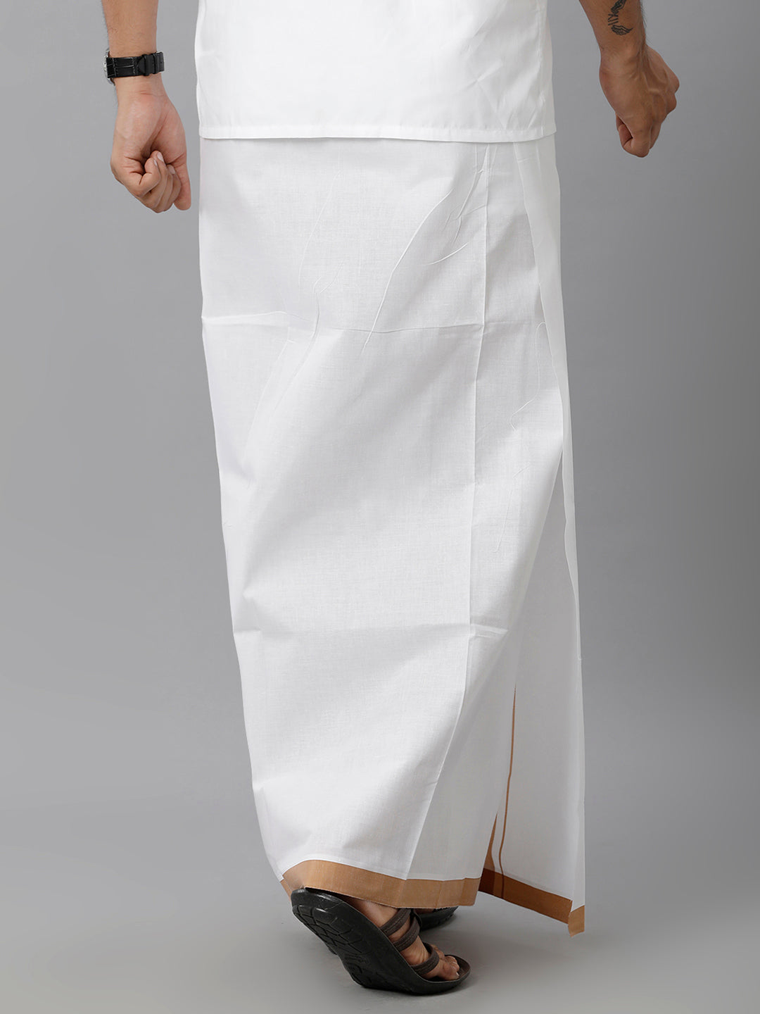 Mens Cotton White Single Dhoti Brown Plain Border Holy Wind Spl-Back view