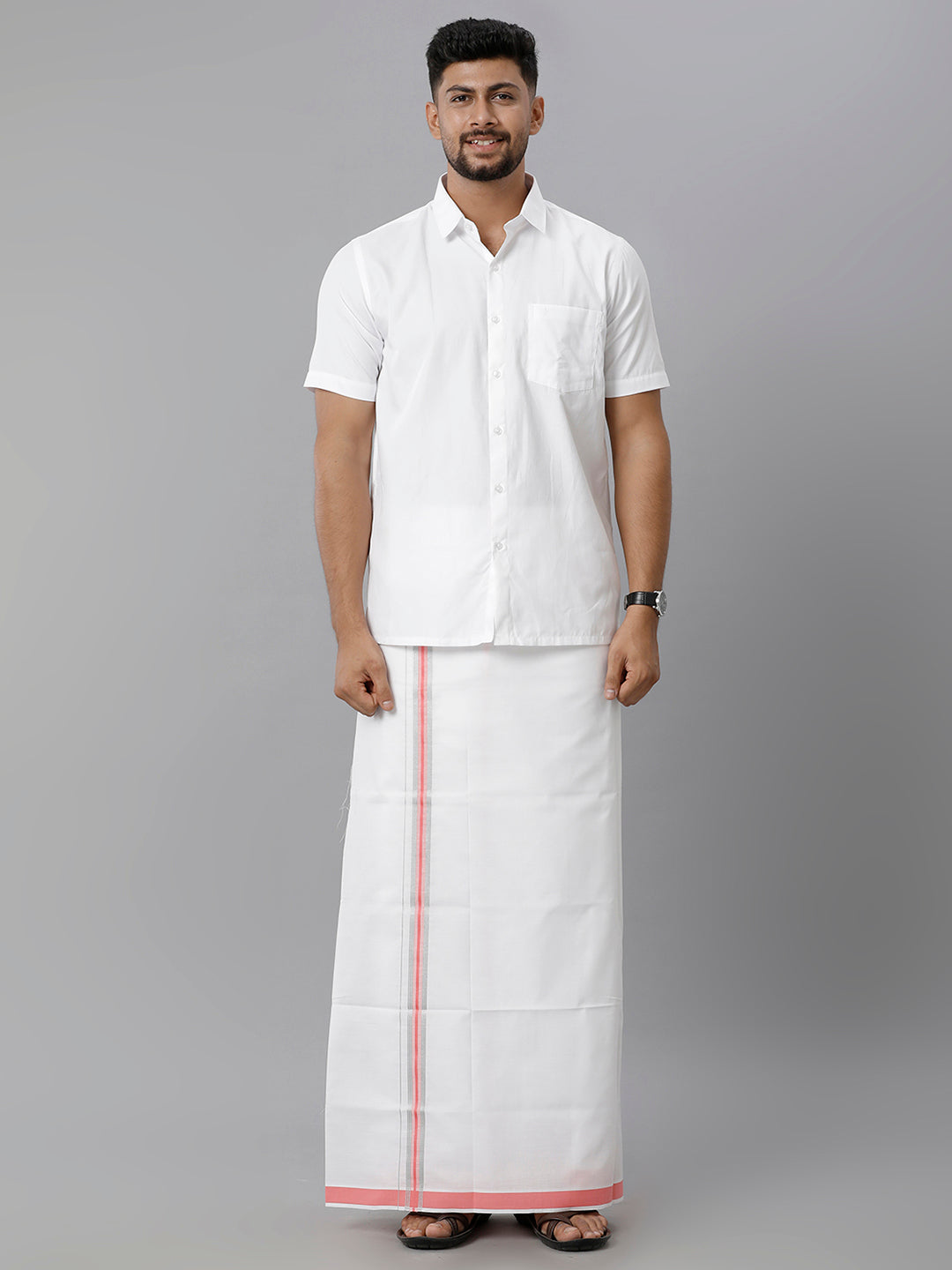 Mens Cotton White Single Dhoti with Pink & Silver Border Winner Silver Fancy-Full view
