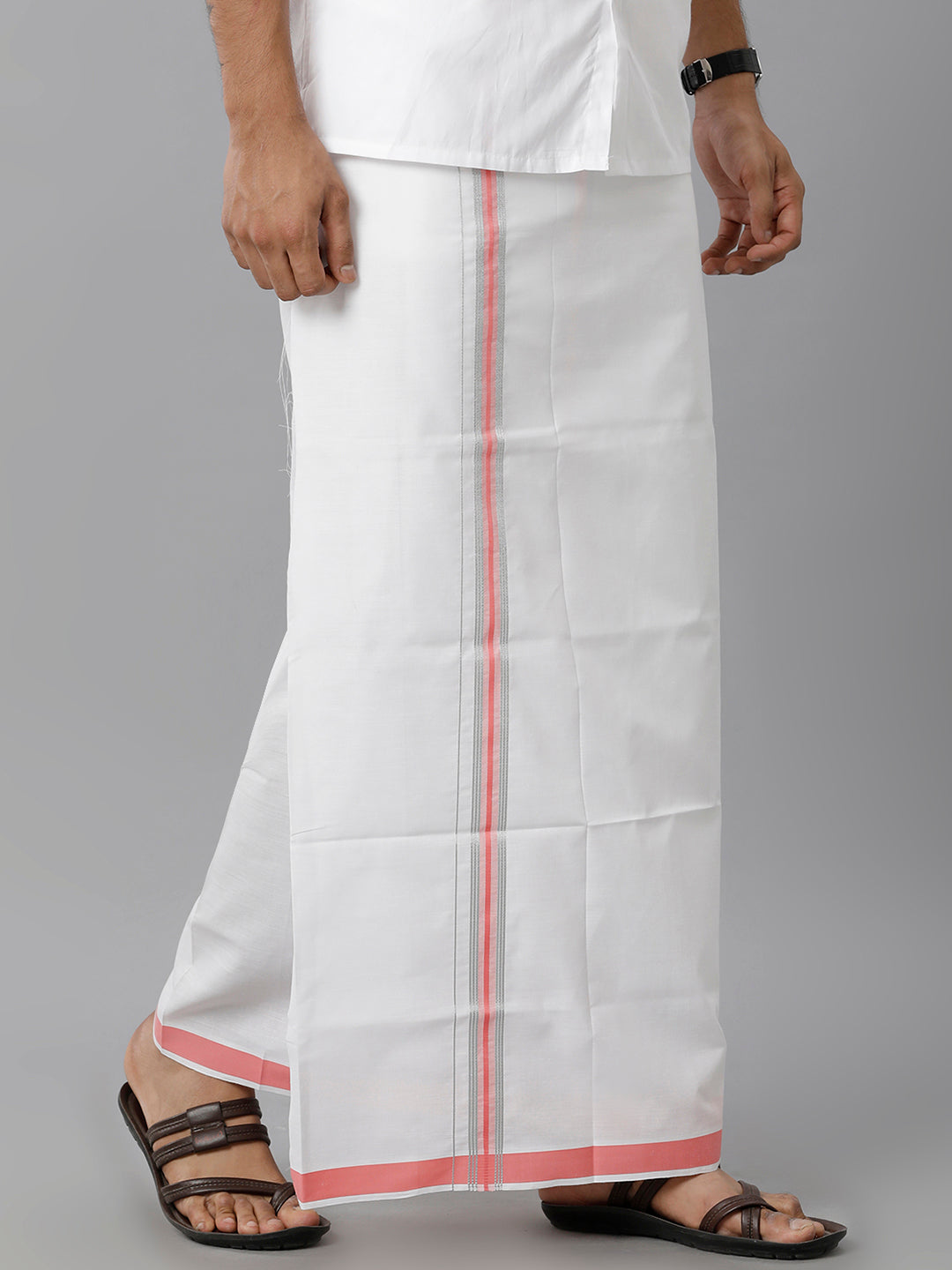 Mens Cotton White Single Dhoti with Pink & Silver Border Winner Silver Fancy-Side view
