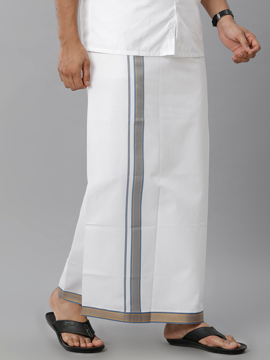 Mens Cotton White Single Dhoti with Grey & Gold Jari Border Golden Moments-Side alternative view