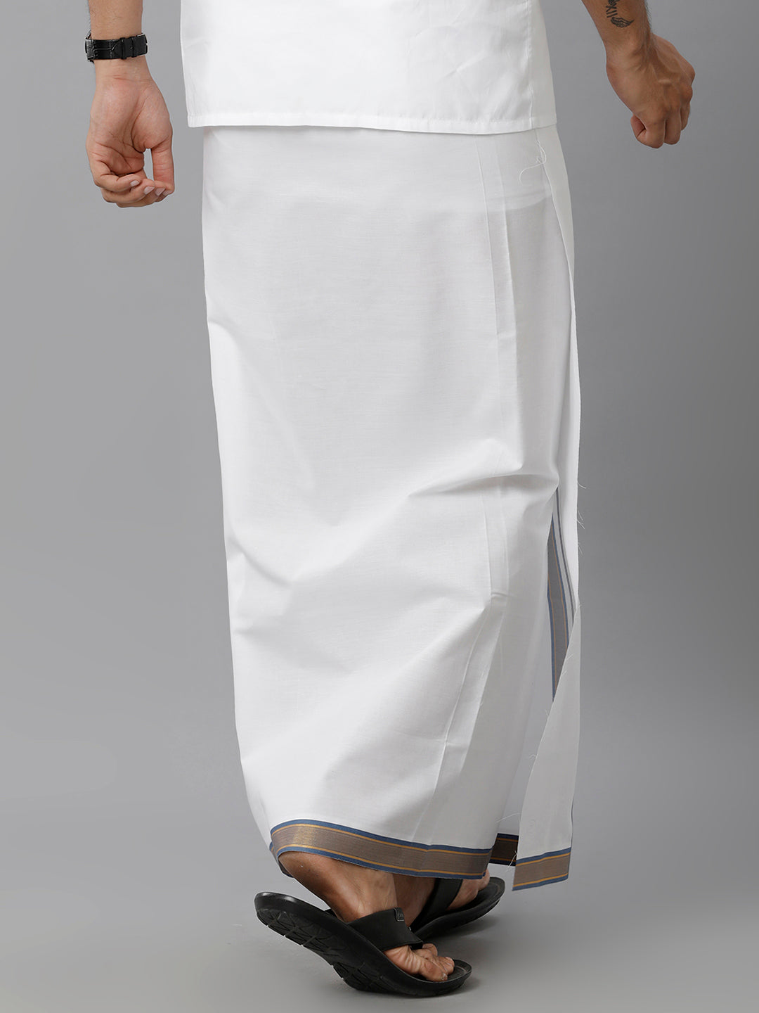 Mens Cotton White Single Dhoti with Grey & Gold Jari Border Golden Moments-Back view